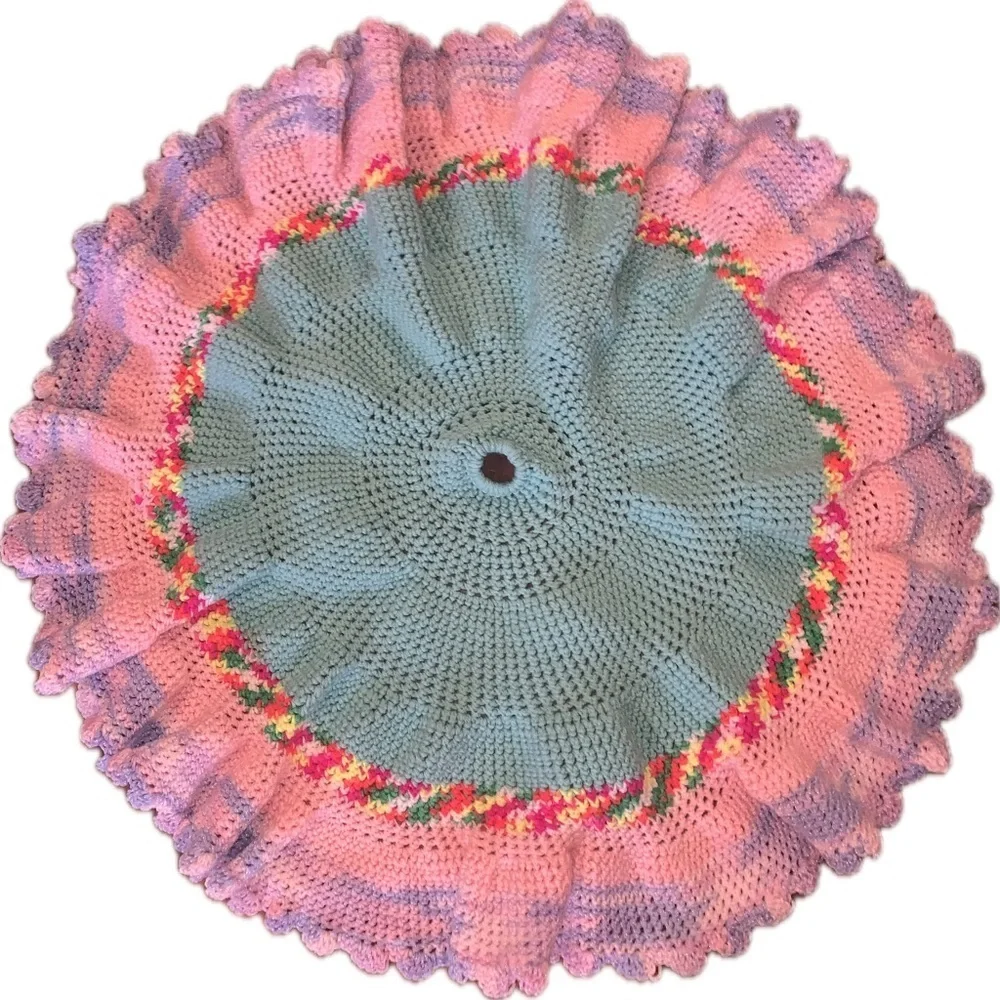 Handmade Scallop Ruffle Teal Green Pink Purple Crochet Christmas Tree Skirt 29”